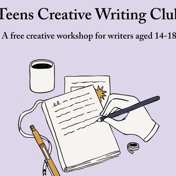 A graphic of a hand writing on paper and the title Teens Creative Writing Club