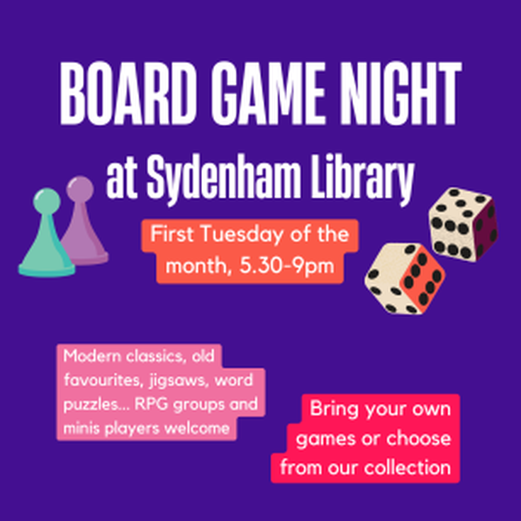 Game pieces and dice on a blue background with the event title and details