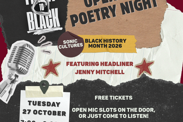 Open Mic Poetry Night title and details on collage of paper, vintage microphone, and front to black open mouth logo
