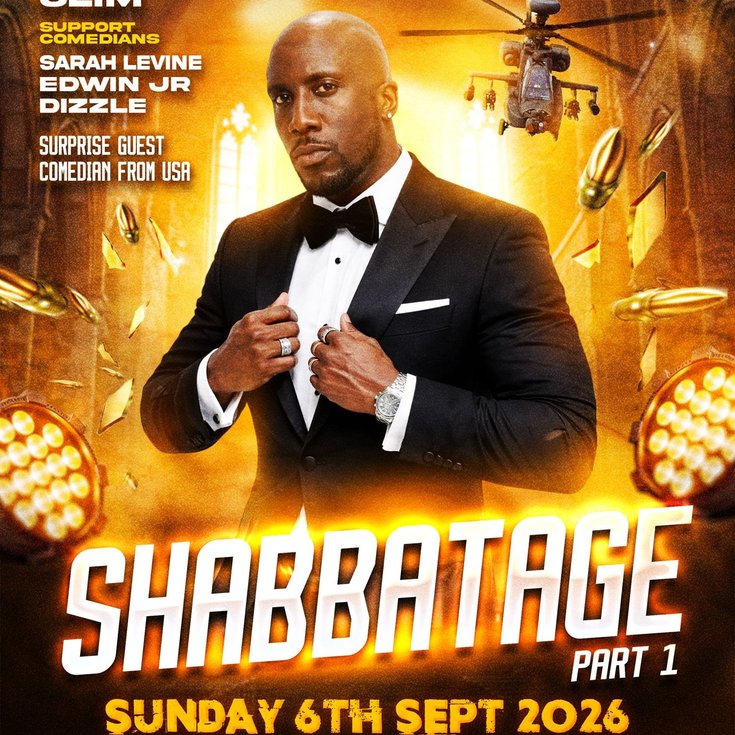 Poster for "Shabbatage Part 1" comedy show featuring Shabba Kariem, with event details, guest names, and a suited man pointing, set against an action-themed background.