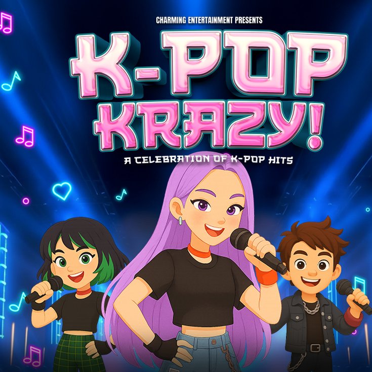 Animated K-Pop themed poster featuring three lively characters singing with microphones. Neon lights, music notes, and stars create a vibrant, energetic atmosphere