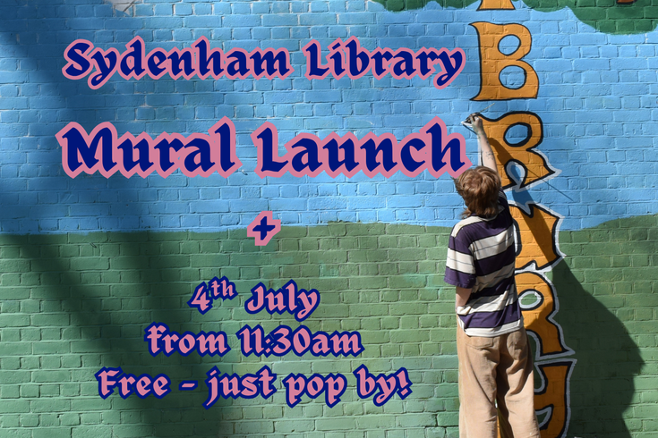 A photo of Eli painting the mural with event title and details in blue and pink font overlayed