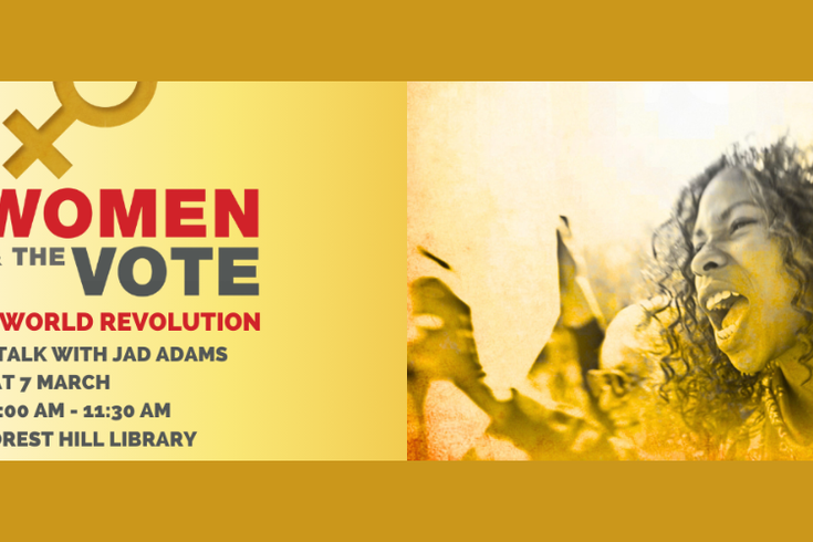 The title and event details on a yellow background. A woman holds a banner next to the text.