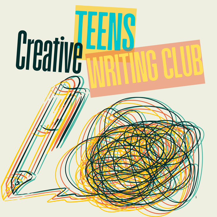 Teens Creative Writing Club title with multicoloured pen and scribble design