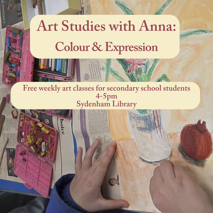 Title and description over a photo of students using pastels to draw a still life image