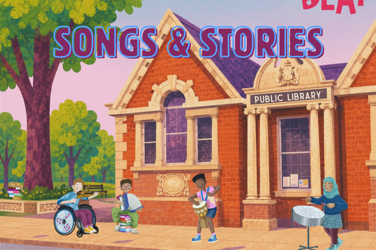 Summer Reading Challenge characters playing instruments in front of a drawing of Sydenham library with the event title and details and the Read to the Beat logo overlayed