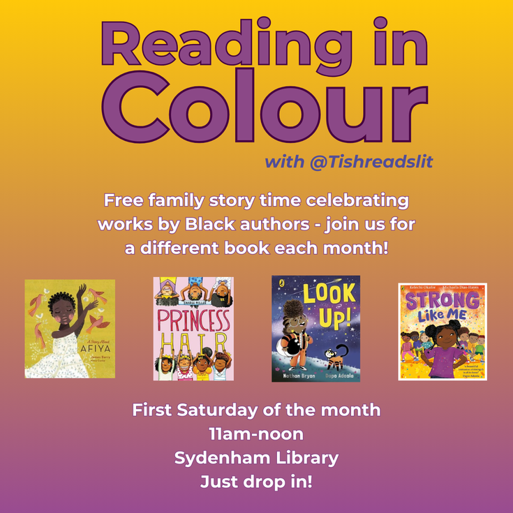 The title and description of the event on a purple to yellow gradient background. Four picture books are pictured