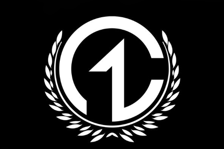 A white abstract logo of the number "1" inside a circular border, flanked by laurel leaves on both sides, set against a solid black background.