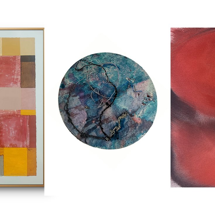 Three abstract artworks from the exhibition.