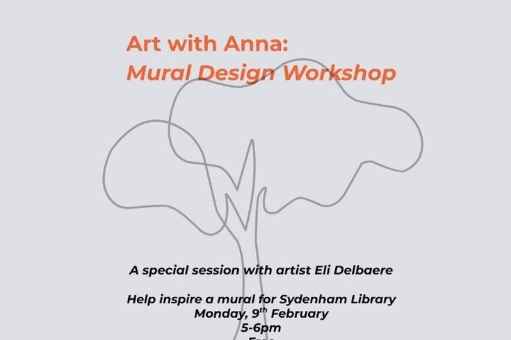 A black line drawing of a tree on a pale grey background. The event title is in orange and the description is in black.