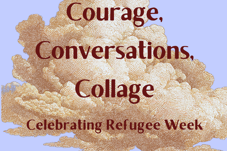 Event title with Calico, Sydenham Library, and Borough of Sanctuary logos over a woodcut styled cloud on a light blue background