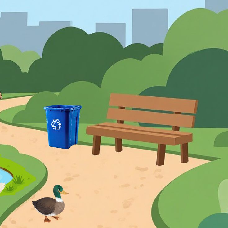 An illustrated image of a park featuring a bench, a pond, ducks, flowers and some pens and pencils