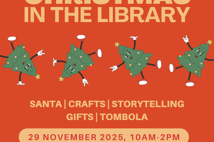 dancing christmas trees on a red background with the event details in light lettering