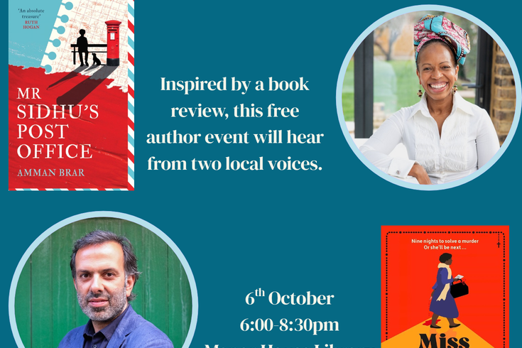 Circular images of Mel Pennant and Amman Brar and their book covers on a dark teal background with cream text for event title and details
