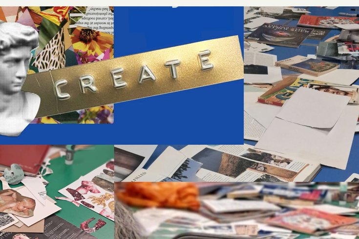 The word Create, and pictures of pages from books that are being cut up for collage making.