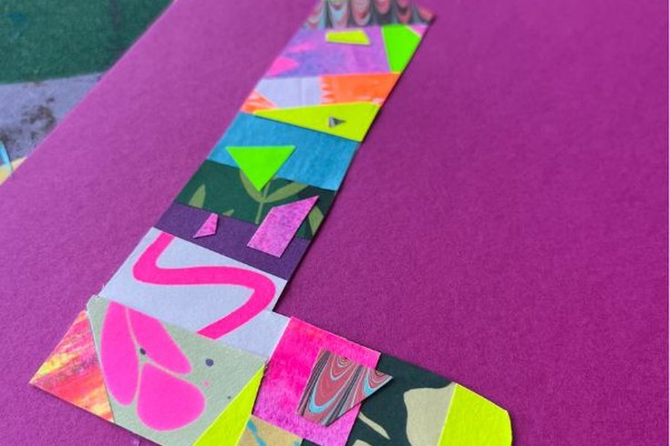 The letter L collage using handprinted neon papers