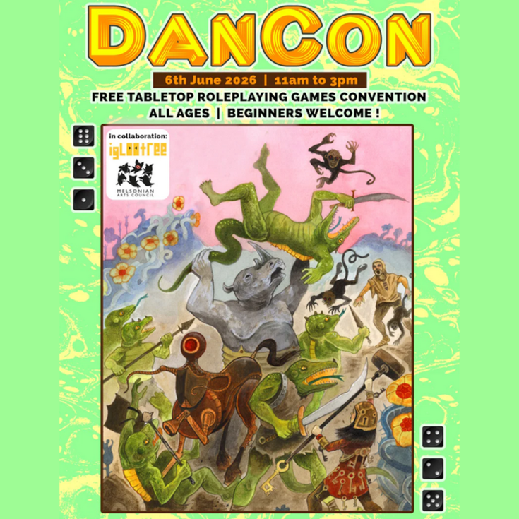 A scene of fantasy adventure with monsters and magical creatures with event title and details on green background
