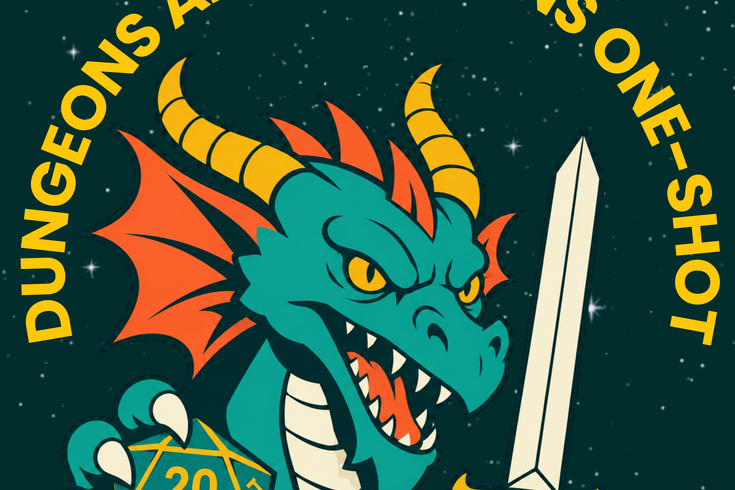 event title above a teal and orange dragon with sword and d20 die