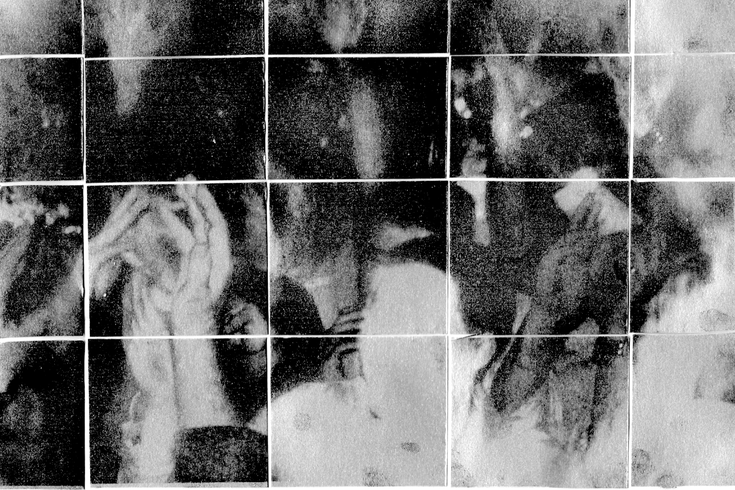 poster for gallery event titled altogether without, abstract image of faces and hands