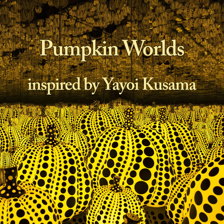 Event title over a picture of Kusama's yellow dotted pumpkin sculpture installation