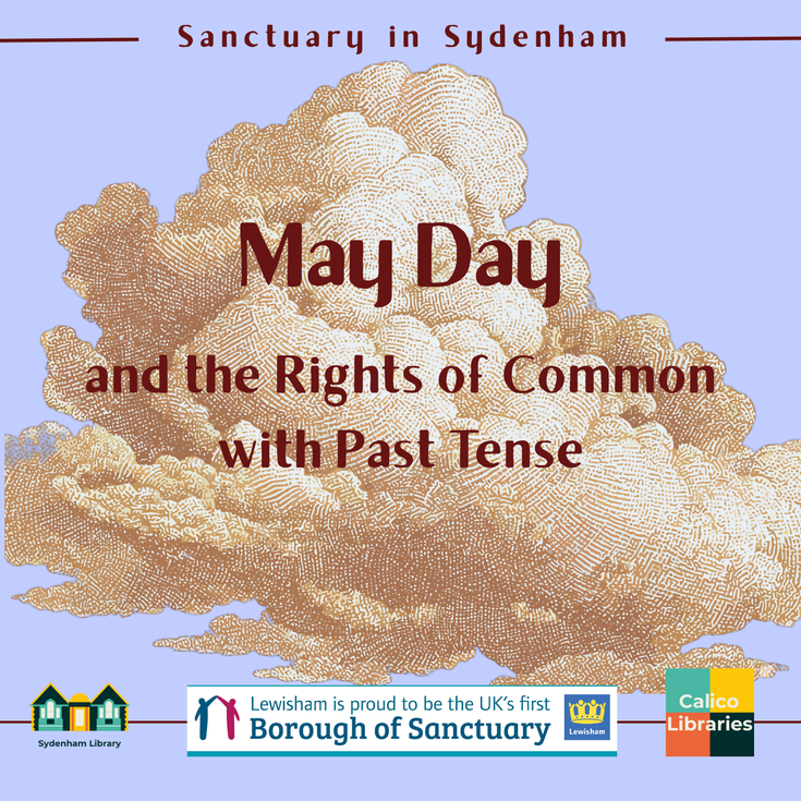 Event title with Calico, Sydenham Library, and Borough of Sanctuary logos over a woodcut styled cloud on a light blue background