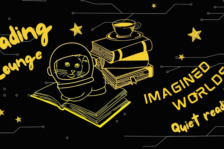 A cat sitting on books with text