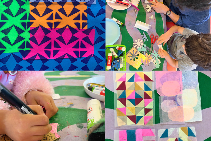 Stamping cutting and sticking collage adult and child