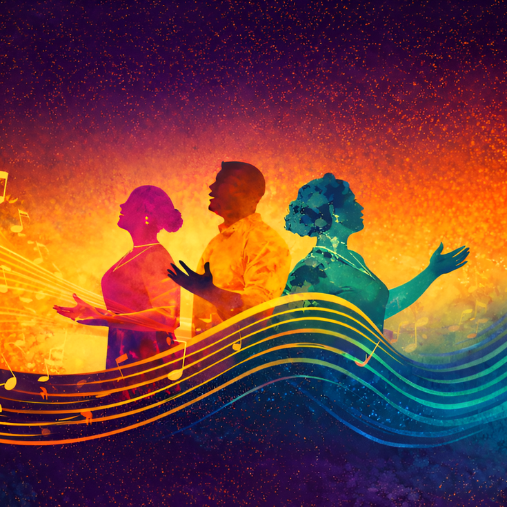 A bold and vibrant opera concert poster for “Windrush Migrations”, featuring three colorful silhouetted singers surrounded by flowing musical notes and glowing sunset-inspired colors.