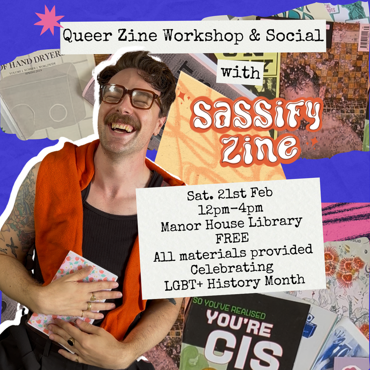 The title and event details on a background of collaged zine covers. Also features the event facilitator smiling while holding a zine
