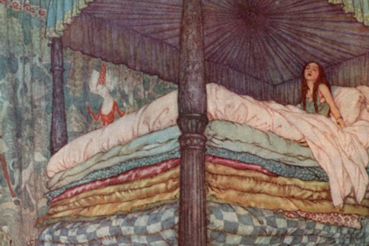 An illustration of the princess and the pea, the princess is on a bed of many matresses