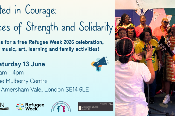A poster with an image of women singing, text on the image reads 'United in Courage: Voices of Strength and Solidarity. Join us for a free Refugee Week 2026 celebration!'