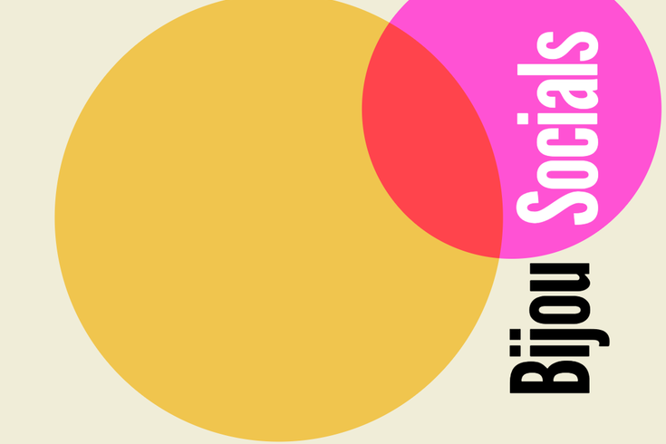 Minimalist flyer showing two intersecting circles and text Bijou Socials