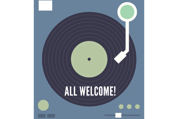 A poster featuring a graphic image of a record player and text promoting the event