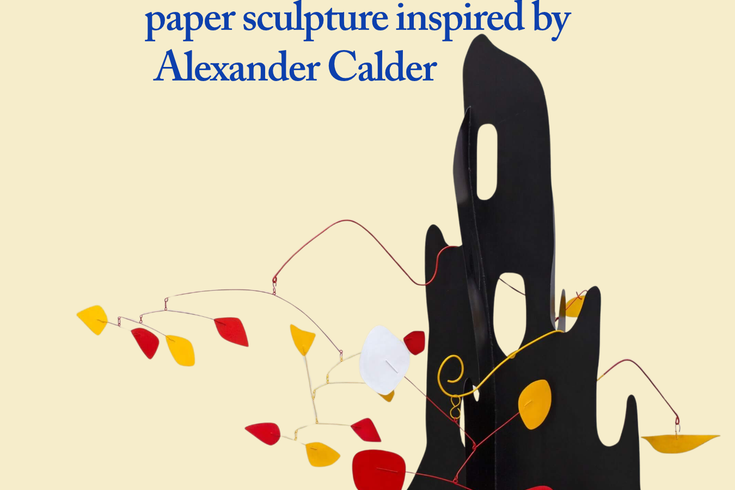 Event title and description on a pale yellow background with a picture of one of Calder's mobile sculptures