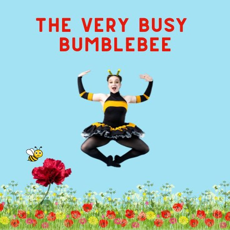 Ballet Dancer jumping in the air, dressed in a black and yellow leotard with tutu. With a garden on flowers as a backdrop