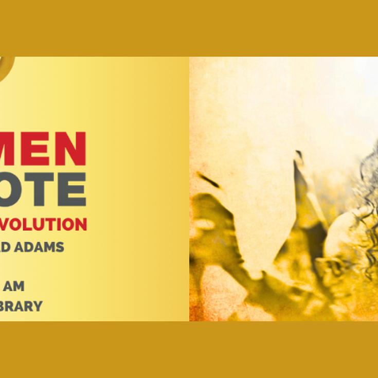 The title and event details on a yellow background. A woman holds a banner next to the text.