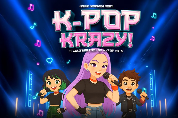 Animated K-Pop themed poster featuring three lively characters singing with microphones. Neon lights, music notes, and stars create a vibrant, energetic atmosphere
