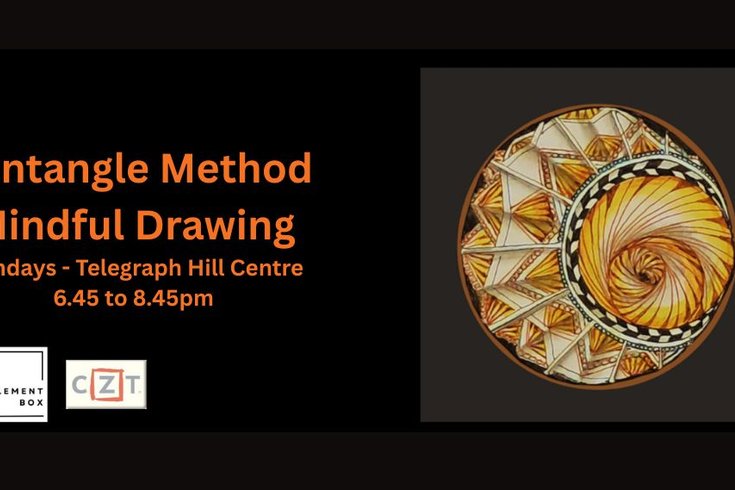 Picture of a Zentangle drawing and information about workshop at the Telegraph Hill Centre from 6.45pm to 8.45pm