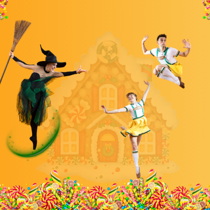 Gingerbread house in the background with three ballet dancers dressed as a witch, Hansel and Gretel