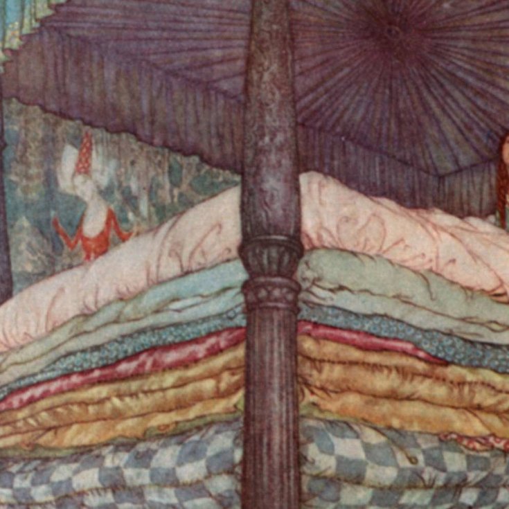 An illustration of the princess and the pea, the princess is on a bed of many matresses