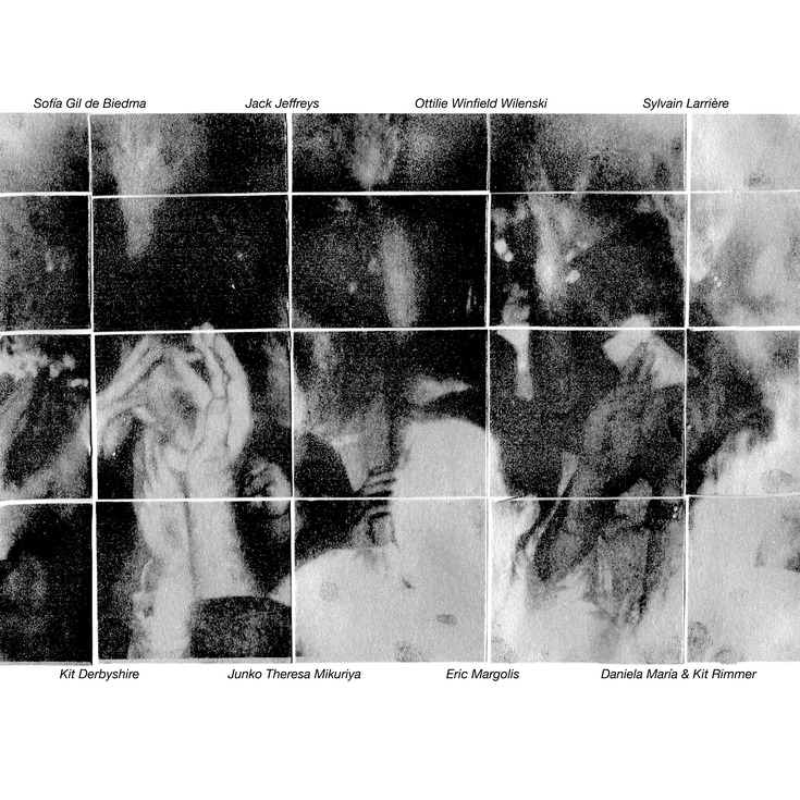 poster for gallery event titled altogether without, abstract image of faces and hands