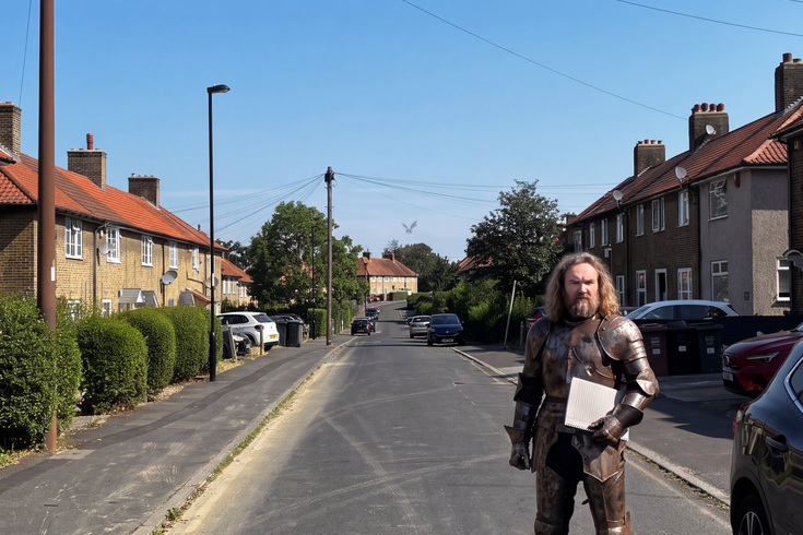A knight standing in a road in Downham holding an exercise book.