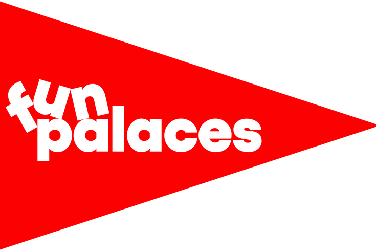 Fun Palaces logo with fun palaces in white text in a red triangle