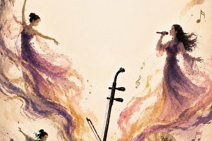 An ethereal picture with a singer, dancer, martial artist, erhu, fan and guitar.