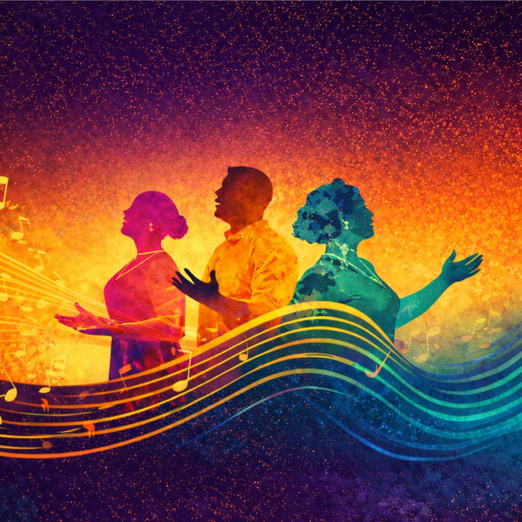 Three figures in bright colours sing above a musical score.