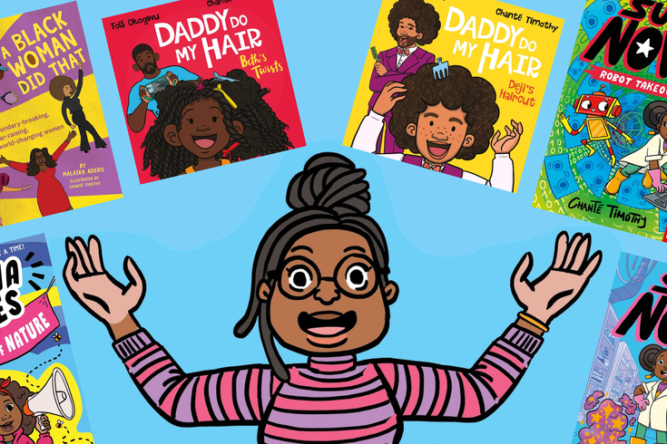 An illustration of Chanté Timothy surrounded by her book covers