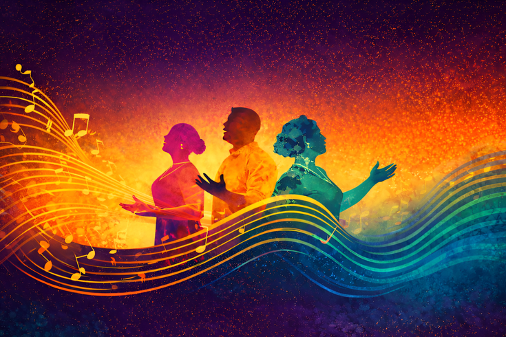 A bold and vibrant opera concert poster for “Windrush Migrations”, featuring three colorful silhouetted singers surrounded by flowing musical notes and glowing sunset-inspired colors.