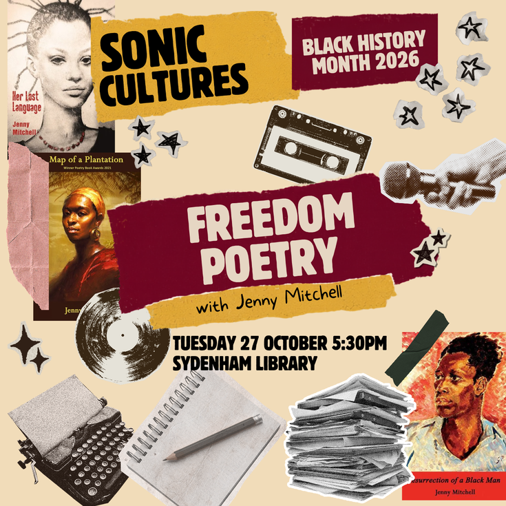 A collaged image with event title and details, Jenny's book covers, writing tools, music ephemera