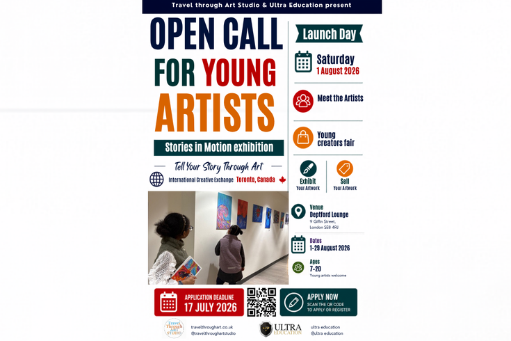 Promotional poster for Stories in Motion – Open Call for Young Artists featuring exhibition information and gallery imagery.