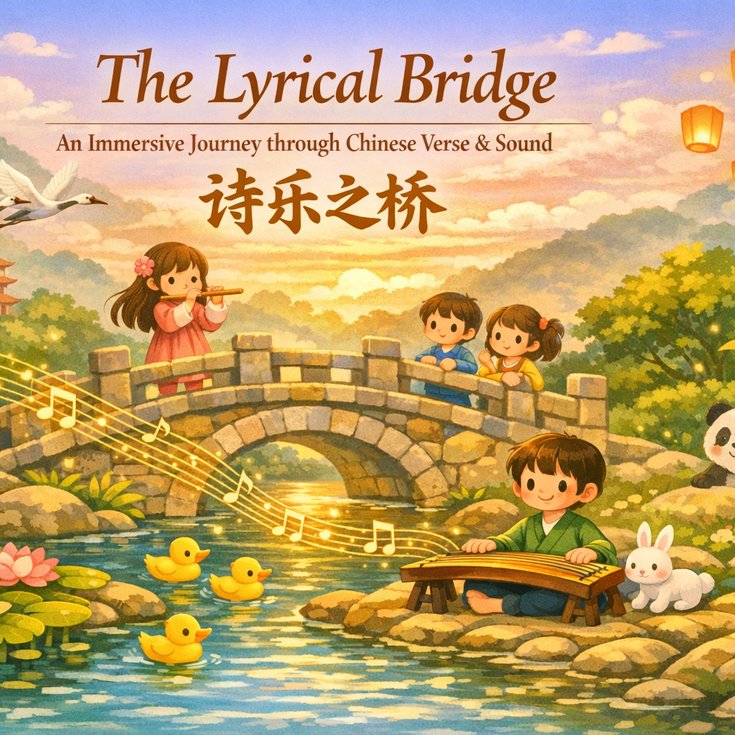 The Lyrical Bridge Cover Photo. 4 Children with instruments on a bridge over a river